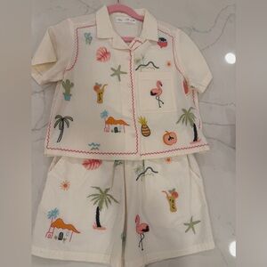 Zara girls embroidered palm tree set ivory 8-9 shorts flamingo coconut
